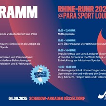 Veranstaltungsprogramm der Rhine-Ruhr Games in der Para Sport Lounge NRW in weißer Schrift auf blauem Grund