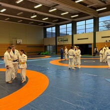 5 Gruppen von jeweils zwei bis drei Judoka trainieren in der Halle 